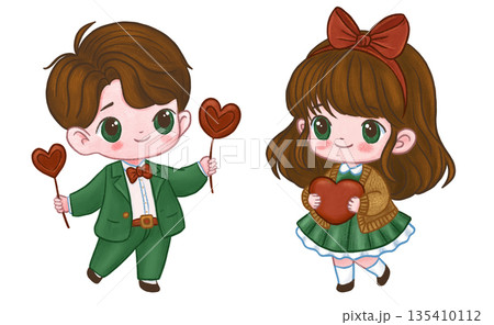 Boy giving hearts to girl cartoon illustration, kawaii happy valentines day characters Boy giving hearts to girl cartoon illustration, kawaii happy valentines day characters 135410112