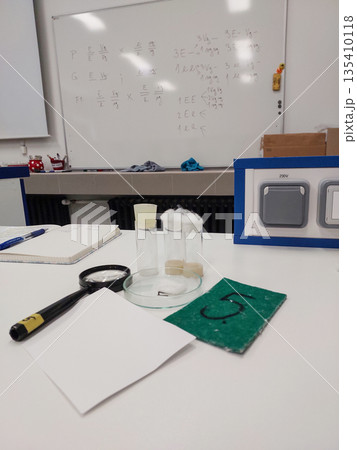 Genetics laboratory workspace prepared for insect culture experiment with clean tools and materials used in biology education and scientific research before drosophila breeding 135410118