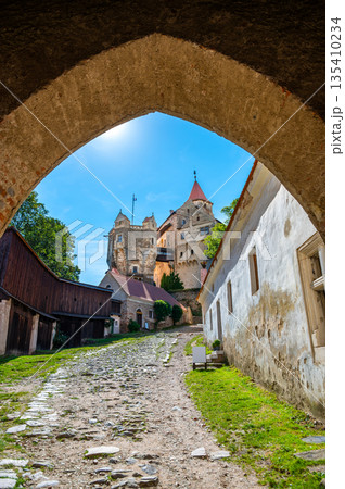 Outdoor view of Pernstejn castle near the Nedvedice village, Czech Republic. Fairytale castle on hill during summer day. Big stone walls and towers. 135410234