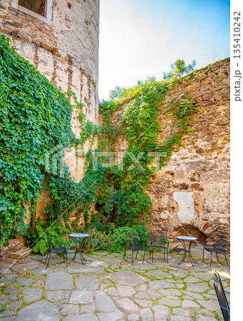 Outdoor view of Pernstejn castle near the Nedvedice village, Czech Republic. Fairytale castle on hill during summer day. Big stone walls and towers. Outdoor view of Pernstejn castle near the Nedvedice village, Czech Republic. Fairytale castle on hill during summer day. Big stone walls and towers. 135410242