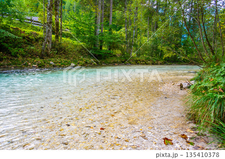 The Krumme Steyr river near the village Hinterstoder and famous lake Schiederweiher. Pure fresh water near Austrian Alps and mountains peaks. Soft colors, peace in nature. The Krumme Steyr river near the village Hinterstoder and famous lake Schiederweiher. Pure fresh water near Austrian Alps and mountains peaks. Soft colors, peace in nature. 135410378