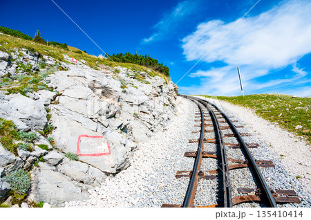 View of Schafberg train and railways. SCHAFBERGBAHN Cog Railway running from St. Wolfgang up the Schafberg, Austria. 135410414