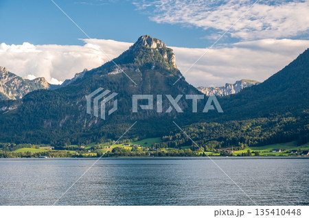 View of wolfgangsee and mountains in background at St. Wolfgang Salzkammergut, Austria. 135410448