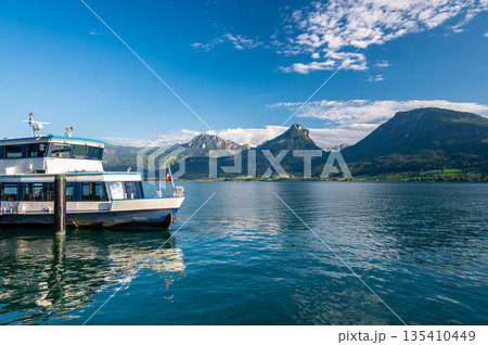 View of wolfgangsee and mountains in background at St. Wolfgang Salzkammergut, Austria. View of wolfgangsee and mountains in background at St. Wolfgang Salzkammergut, Austria. 135410449