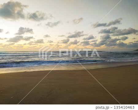 Experience tranquility with this atmospheric coastal landscape. Soft golden light illuminates crashing waves and a wide sandy shore, perfect for travel, wellness, and meditation projects. 135410463