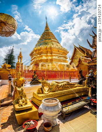 Wat Phra That Doi Suthep, famous golden temple with gold pagoda near the Chiang Mai city, Thailand. 135410714