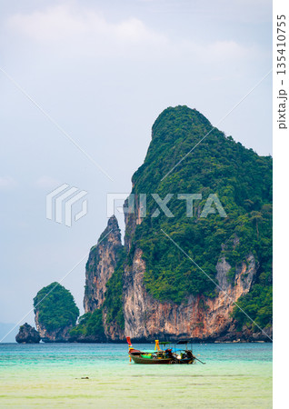 Landscape view of coastline with limestone rock and boats on ocean at Ko Phi Phi islands, Thailand. Concept of exotic tropical vacation and beautiful nature in paradise Landscape view of coastline with limestone rock and boats on ocean at Ko Phi Phi islands, Thailand. Concept of exotic tropical vacation and beautiful nature in paradise 135410755