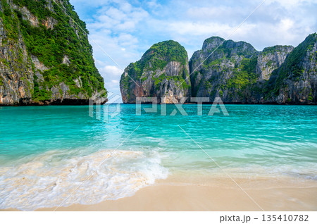 View of famous Maya Bay, Thailand. One of the most popular beach in the world. Ko Phi Phi islands. Beach without people. 135410782
