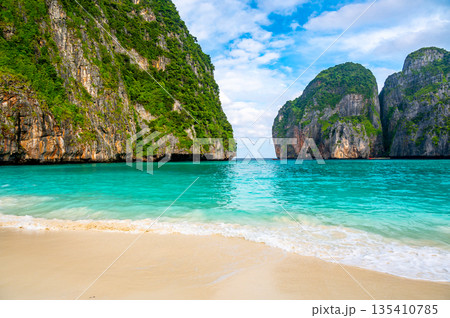 View of famous Maya Bay, Thailand. One of the most popular beach in the world. Ko Phi Phi islands. Beach without people. 135410785