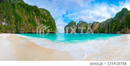 View of famous Maya Bay, Thailand. One of the most popular beach in the world. Ko Phi Phi islands. Beach without people. 135410786