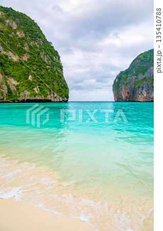View of famous Maya Bay, Thailand. One of the most popular beach in the world. Ko Phi Phi islands. Beach without people. 135410788