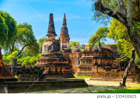 Ruins of ancient city and temples Ayutthaya, Thailand. Old kingdom of Siam. Summer day with blue sky. Famous tourist destination, spiritual place near Bangkok. Ruins of ancient city and temples Ayutthaya, Thailand. Old kingdom of Siam. Summer day with blue sky. Famous tourist destination, spiritual place near Bangkok. 135410825