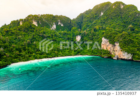 Aerial drone view of famous Monkey Beach at Ko Phi Phi island, Thailand. Tropical beach with white sand, turquoise water and green forest. Long tailed boats are waiting on beach. Exotic tourist 135410937