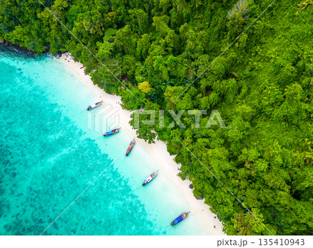 Aerial drone view of famous Monkey Beach at Ko Phi Phi island, Thailand. Tropical beach with white sand, turquoise water and green forest. Long tailed boats are waiting on beach. Exotic tourist Aerial drone view of famous Monkey Beach at Ko Phi Phi island, Thailand. Tropical beach with white sand, turquoise water and green forest. Long tailed boats are waiting on beach. Exotic tourist 135410943