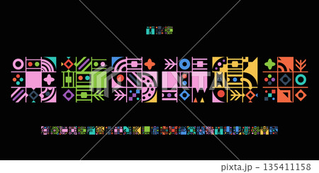 Decorative Font Logo Design Ornate Alphabet Decor Letter Set Modern Typography, Shape Blocks Typographic for Creative Title, Carnival Poster Headline, Festival Logotype, Color Fonts. Vector Typeface 135411158