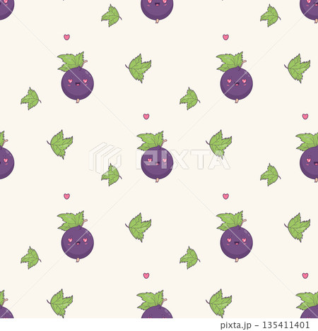 Seamless Pattern with Happy Loving Currant Berry. Cute Happy Kawaii Cartoon Blackcurrant Character on White Background Leaves. Love Mascot for Holiday Valentines Day Design. Vector illustration Not AI 135411401