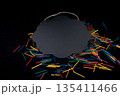 Black speech bubble shaped notice board on colorful sticks 135411466