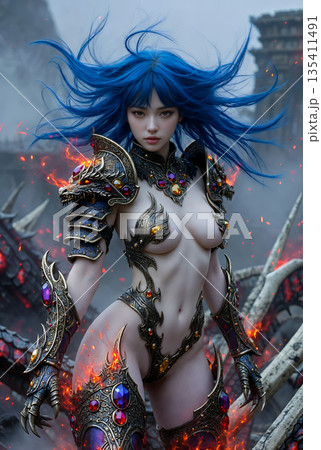 青い髪のドラゴンアーマー美女　Blue-haired dragon armor beauty 135411491