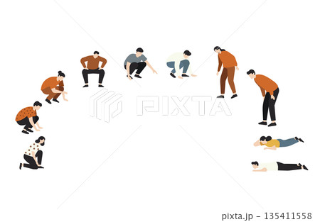 しゃがむ・のぞく・探す男女のバリエーションポーズ しゃがむ・のぞく・探す男女のバリエーションポーズ 135411558