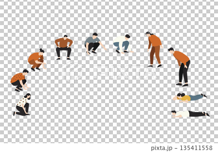 しゃがむ・のぞく・探す男女のバリエーションポーズ しゃがむ・のぞく・探す男女のバリエーションポーズ 135411558