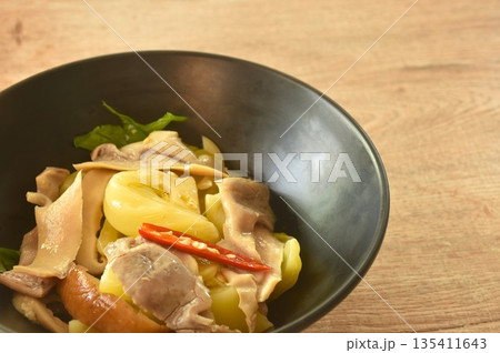 stir fried pickled cabbage with slice pork stomach and chili on bowl stir fried pickled cabbage with slice pork stomach and chili on bowl 135411643
