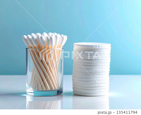 Cleaning ear. White cotton swabs and reusable cotton pads neatly stacked on a white background. Cleaning ear. White cotton swabs and reusable cotton pads neatly stacked on a white background. 135411794