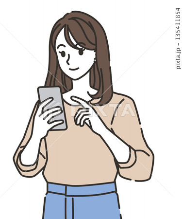 スマートフォンを使う若い女性のイラスト スマートフォンを使う若い女性のイラスト 135411854