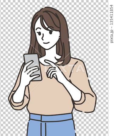 スマートフォンを使う若い女性のイラスト スマートフォンを使う若い女性のイラスト 135411854