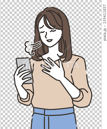 A young woman who feels relieved when looking at her smartphone 135411857