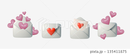 3D mail icon set with love themed envelopes, heart decorations, and romantic greeting cards. Perfect for Valentine's Day messages and digital communication designs. 3D mail icon set with love themed envelopes, heart decorations, and romantic greeting cards. Perfect for Valentine's Day messages and digital communication designs. 135411875
