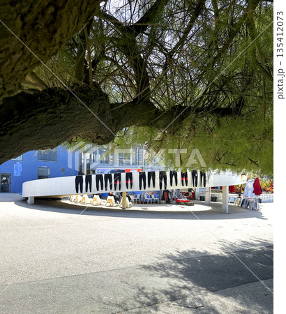 Wetsuits hanging to dry at a surf base, arranged in a row on a white railing under a large tree. The Wetsuits hanging to dry at a surf base, arranged in a row on a white railing under a large tree. The 135412073
