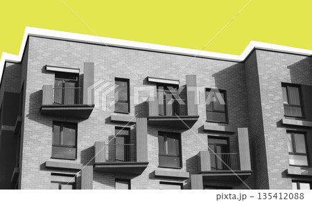 Black and white architectural facade with brick walls, balconies, and vertical details, contrasted 135412088
