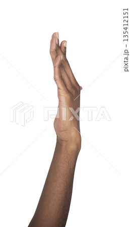 Hand, arm in side view, raised, gesture showing outstretched position and communication signal. 135412151