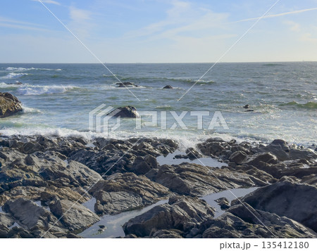 Rocky coastline with waves breaking against dark stones, ocean stretching to the horizon under a Rocky coastline with waves breaking against dark stones, ocean stretching to the horizon under a 135412180