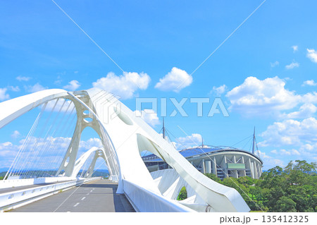 愛知県豊田市、豊田大橋と豊田スタジアムの風景 愛知県豊田市、豊田大橋と豊田スタジアムの風景 135412325