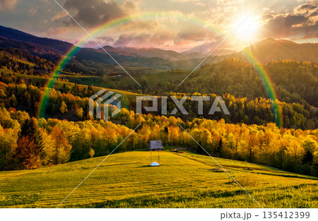 mountain rural area in springtime at sunset. agricultural field on hills with forest in evening light. beautiful countryside landscape with cloudy sky. leadership corporate wallpaper under the rainbow 135412399