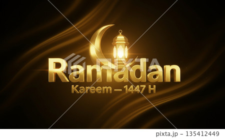 Ramadan Kareem 1447H Golden Crescent and Mosque Silhouette on Dark Background 135412449