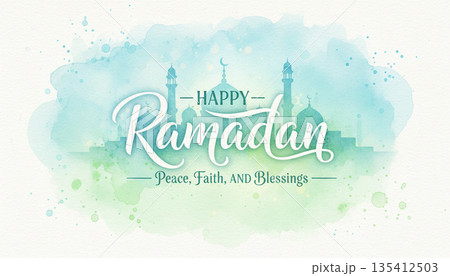 Happy Ramadan Watercolor Islamic Greeting Design 135412503