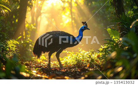 Cassowary Standing in Lush Rainforest 135413032