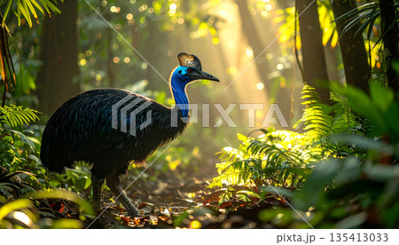 Cassowary Standing in Lush Rainforest Cassowary Standing in Lush Rainforest 135413033