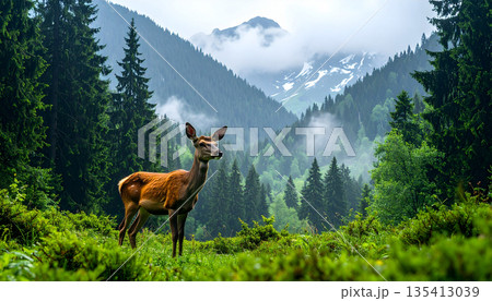 Deer Standing in Mountain Valley 135413039