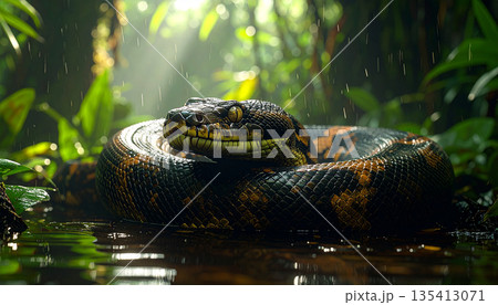Giant Python Coiled in Tropical Rainforest Giant Python Coiled in Tropical Rainforest 135413071