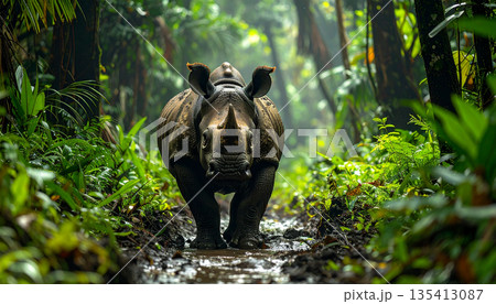 Wild Rhinoceros Walking Through Tropical Forest 135413087