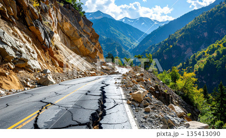 Mountain Road Damaged by Landslide Mountain Road Damaged by Landslide 135413090