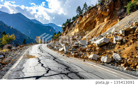 Mountain Road Damaged by Landslide Mountain Road Damaged by Landslide 135413091