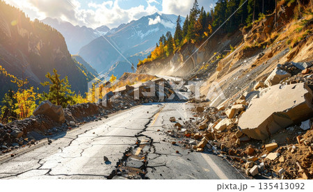 Mountain Road Damaged by Landslide 135413092