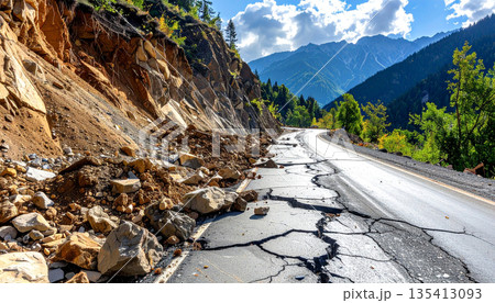 Mountain Road Damaged by Landslide Mountain Road Damaged by Landslide 135413093
