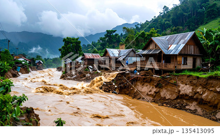 Muddy Floodwater in Rural Village 135413095