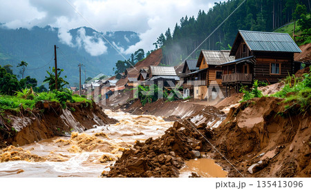 Muddy Floodwater in Rural Village 135413096