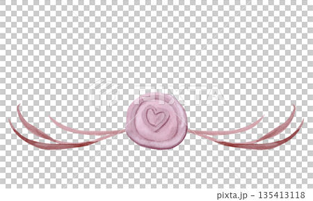 Watercolor wax seal with heart and flowing ribbons, hand painted in soft blush tones, isolated on white background. Elegant vintage design element for branding, packaging, fashion and luxury projects 135413118